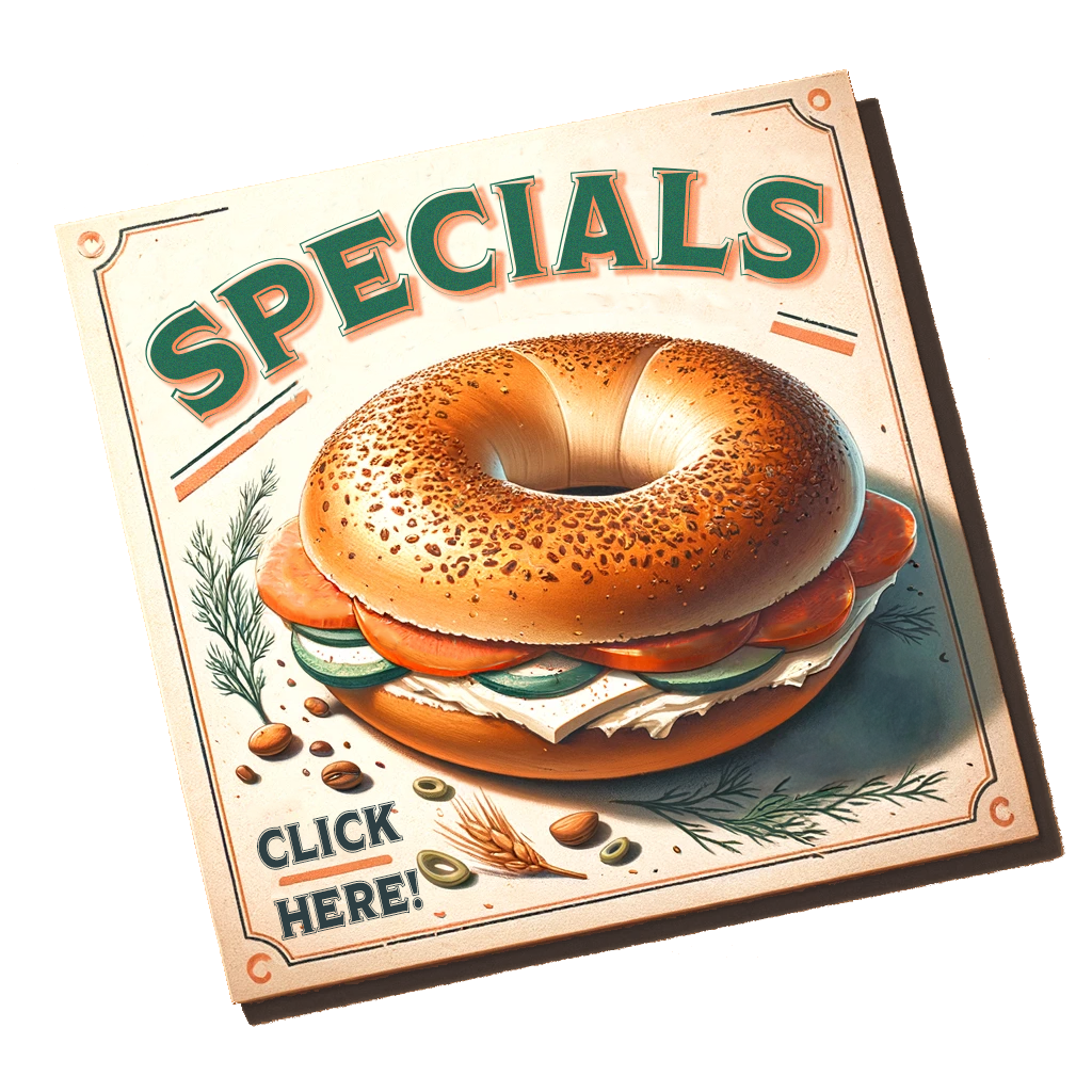 An illustration showing the word "specials" in a dark green old fashioned font, with a sesame bagel topped with cream cheese, cucumber, and smoked salmon (lox) on it, and some sprigs of dill.